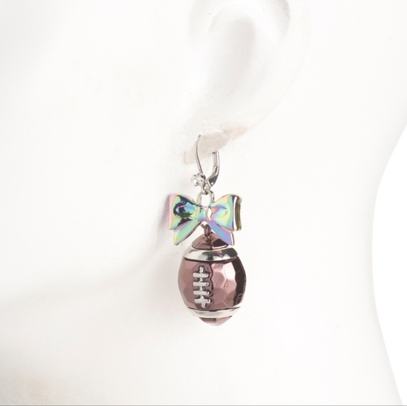 🏈🔹️Betsey Johnson🔹️ Iridescent Football Bow Statement Earrings - Picture 4 of 6